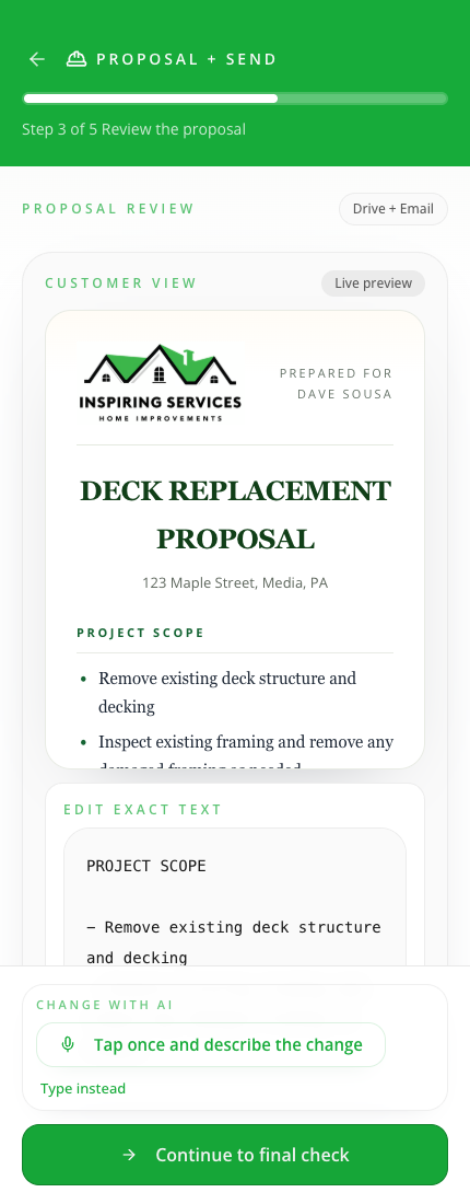 Proposal review screen from the AI Contractor System